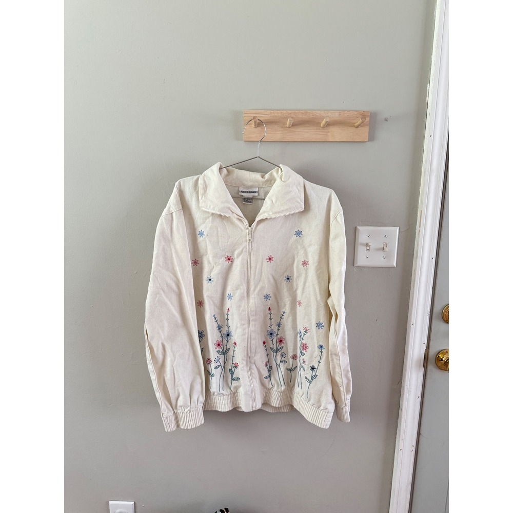 Vintage Alfred Dunner Lightweight Jacket Size 18 Cream Embroidered Zip up